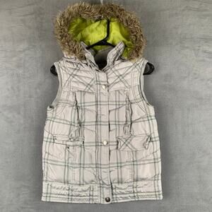 Y2k Mossimo Supply Co Plaid Puffer Vest Faux Fur Hood Women’s Medium